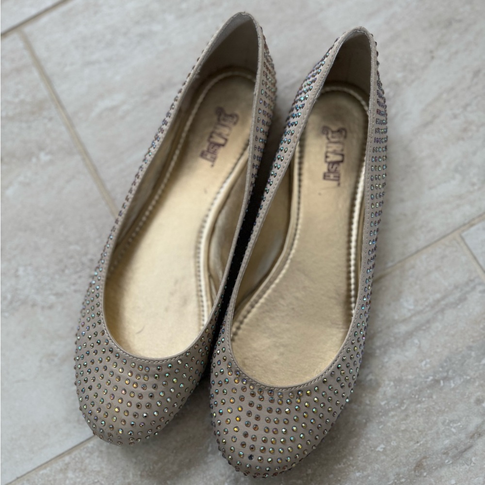 Iridescent Crystal-Studded Nude Ballet Flats